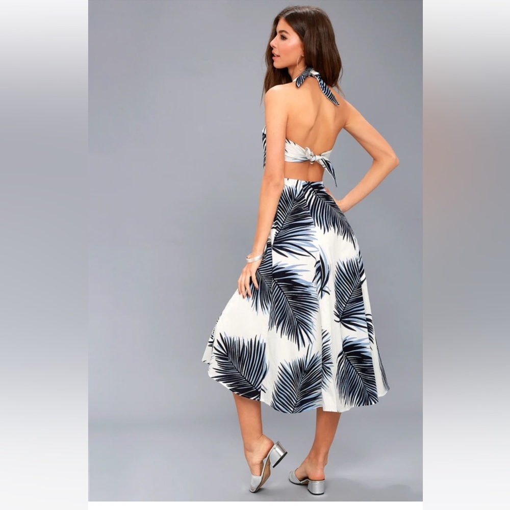 Lulu’s tropical palm tie back halter dress